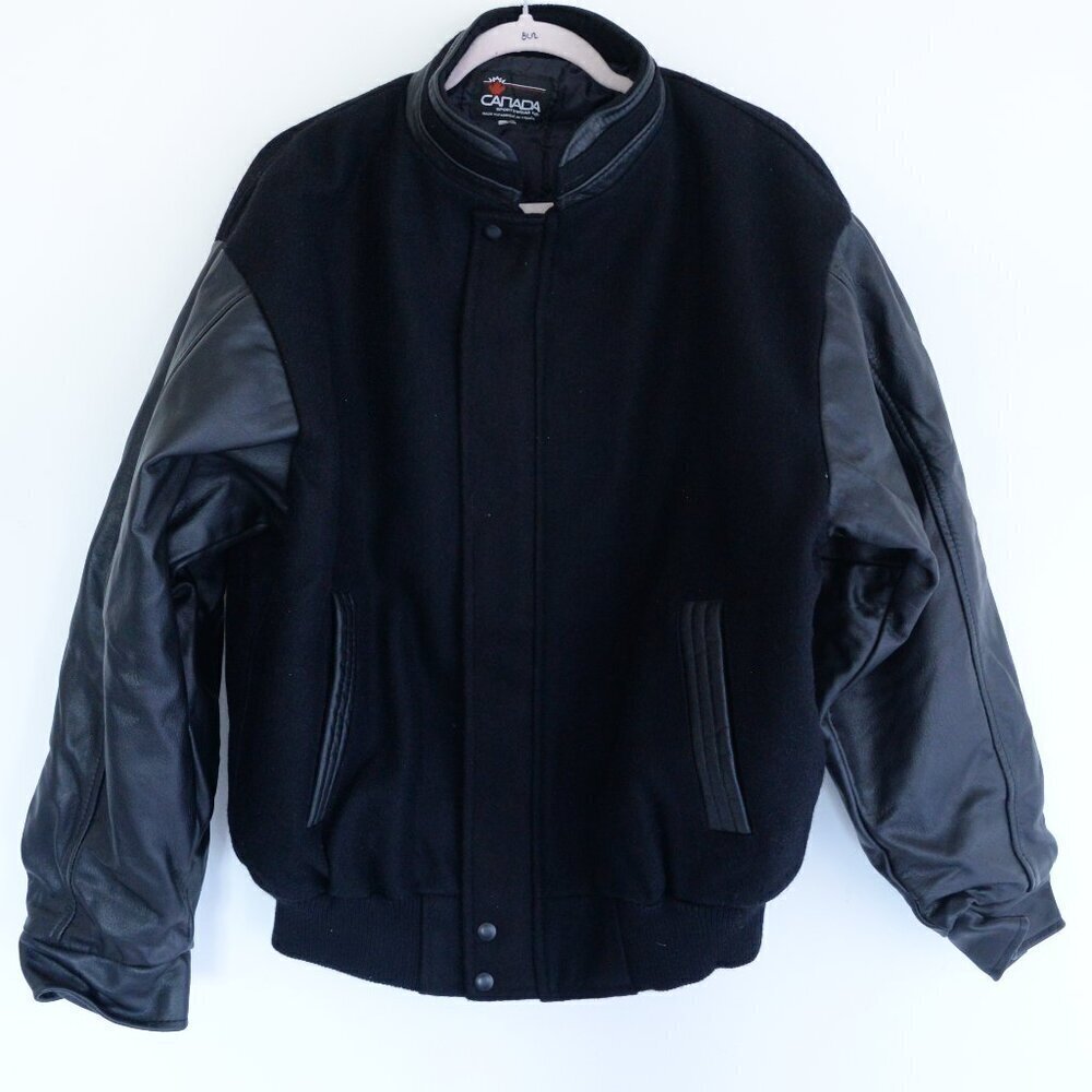 Black Leather Sleeve Bomber Jacket